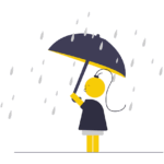 Un personnage sous un parapluie pendant une grosse pluie