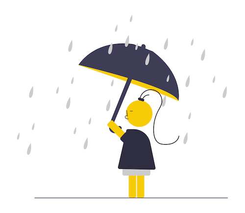 Un personnage sous un parapluie pendant une grosse pluie
